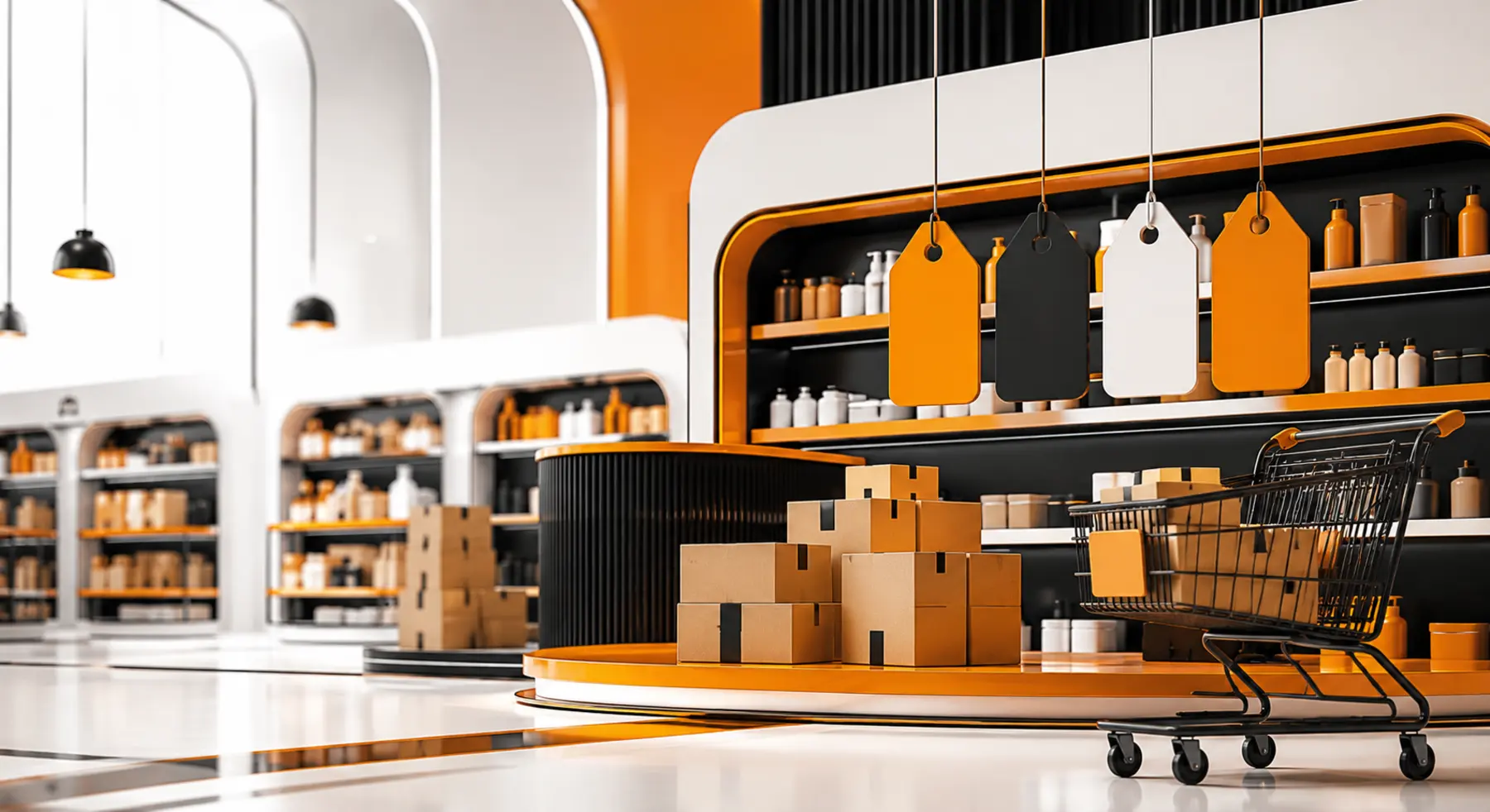 Modern wholesale retail space with shelves, cartons and shopping trolley